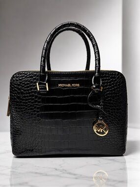 Michael Kors Black Croc Embossed Leather Satchel Handbag Purse Gold Tone 11.5x10